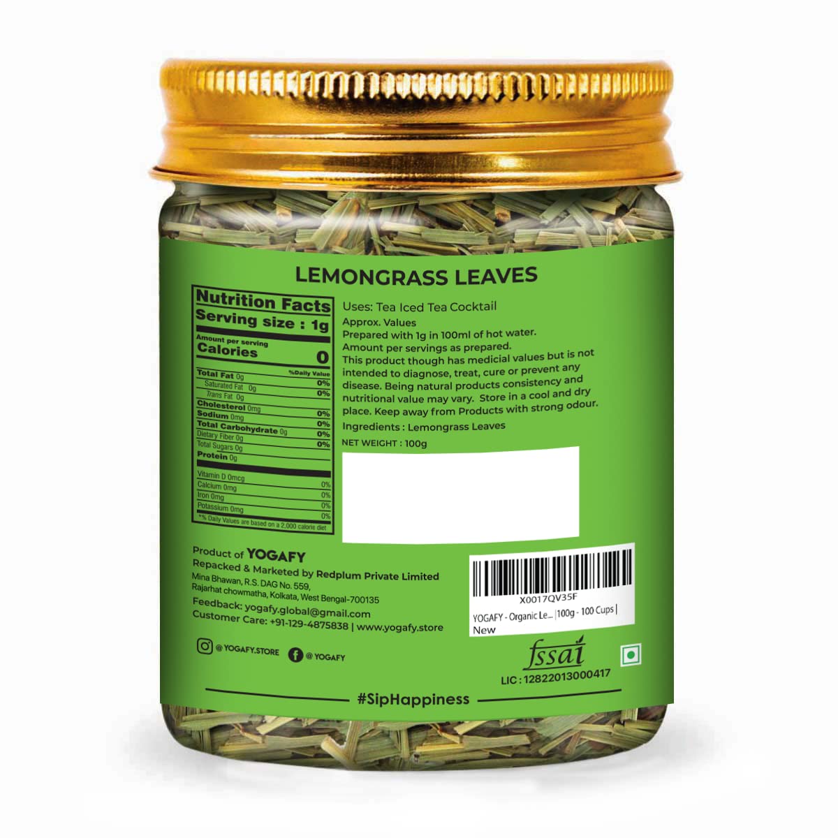 Yogafy Lemongrass Herbal Tea Leaves - Pack Of 2 X 100gm Reusable Pet Jar, 3.5 Ounce Each, 50 Cups | Boost Metabolism Used For Detox - Caffeine Free, Non GMO