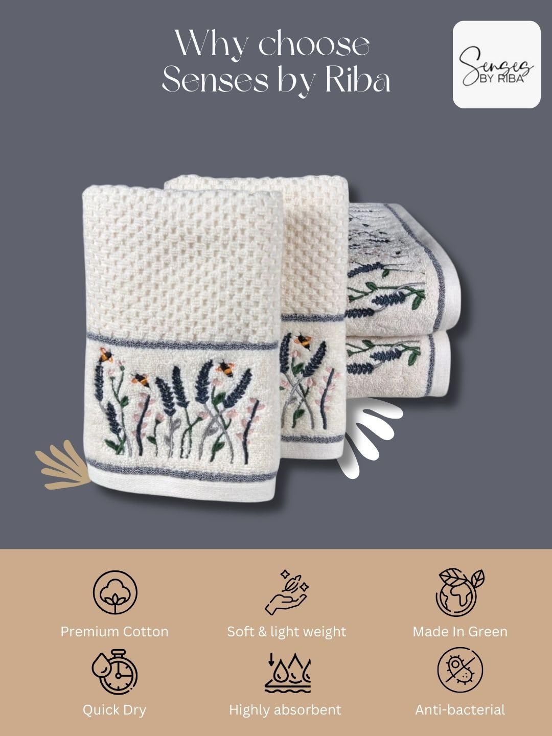 Senses By Riba All Cotton 550 Gsm Embroidered Bath Towel Set - Pack Of 4 (Style 18)