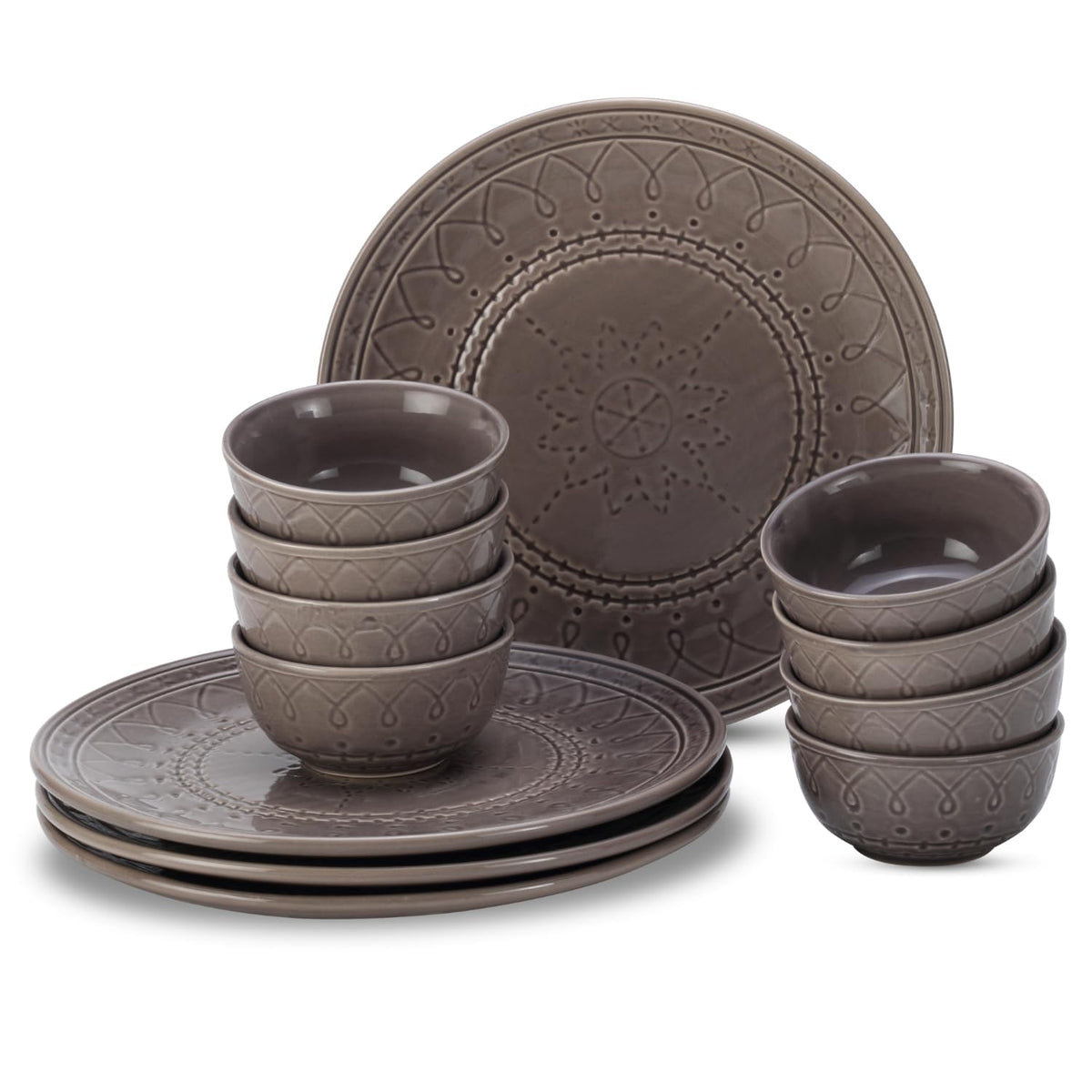 Handcrafted Stoneware Embossed Ceramic Dinner Set Of 12 Pcs - Ash Grey | 4 Dinner Plates+ 8 Salad Bowls, 180ml Each - Microwave & Dishwasher Safe