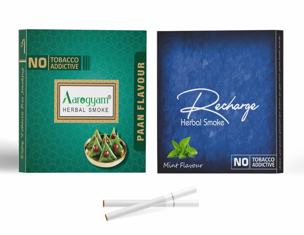 Aarogyam Herbals Pack Of 2 Flavours 100% Tobacco & Nicotine Free Cigarette For Relieve Stress & Mood Enhance Product Paan, Recharge - 10 Sticks X 2 Packets