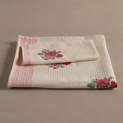 Peepul Tree Block Printed Hand & Bath Towels 240 Gsm | Super Absorbent, Soft & Faster Drying, Floral Printed 100% Pure Cotton (White & Pink Roses)