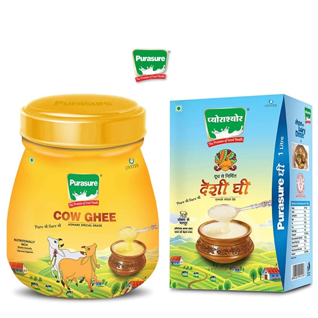 Natural Premium Cow Ghee & Desi Ghee By Purasure | Rich In Vitamin A, D, E & K Healthy Desi Ghee Perfect For Khichdi & Halwas | 2 Litre (1 Litre * 2) 67.6 Ounce | Combo Pack