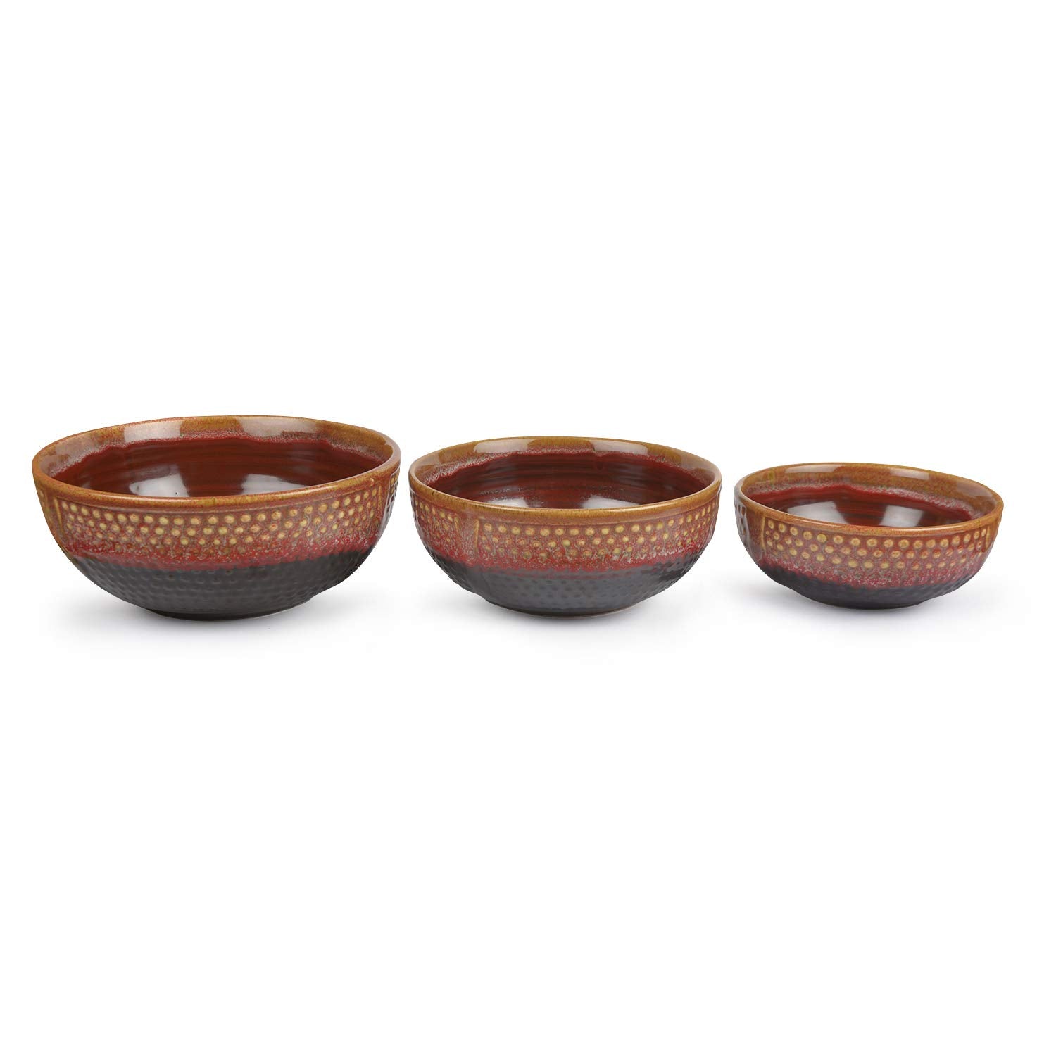 Studio Pottery Ceramic Serving Bowls Set Of 3 - 1700ml+900ml+400ml, Crimson Red & Black | Dinner Serving Set - Stackable Kitchen Set