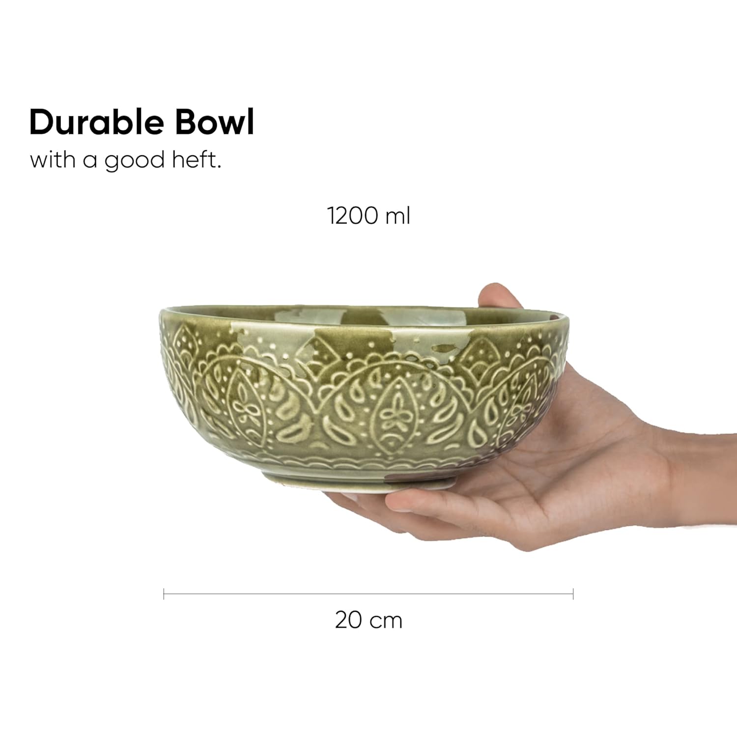 Ceramic Carving Large Serving Bowls Set Of 1 Pc - 1200ml, Mehndi Green Carving | Premium Ceramic Bowls - Large Size | Microwave Safe Bowls - Bowl Sets With Glossy Finish | Ceramic Bowl