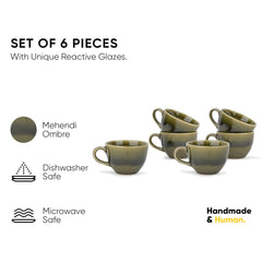 Ceramic Tea Cups Set Of 6 - Mehndi Ombre, 200ml Each | Tea Cup Set With Glossy Finish - Ceramic Tea Cup Set | Tea Cups Only - Microwave Safe & Dishwasher Safe