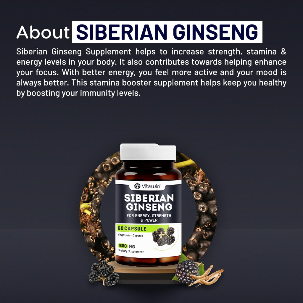 Vitawin Siberian Ginseng For Improve Immunity & Boost Energy, Stamina & Strength, Natural Herbal, 500mg, Nutrition Supplement | 60 Veg Capsules 100gm 0.2lbs