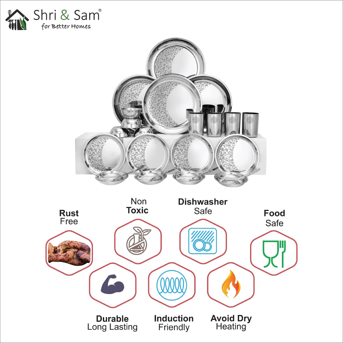 Designer Stainless Steel Delight Laser Bloom Leaf Dinner Set Of 24 Pieces, Silver | 4 Dinner Plates+ 4 Side Plates+ 4 Glasses+ 4 Bowls+ 4 Pudding Bowls+ 4 Dessert Spoons