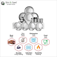 Designer Stainless Steel Delight Laser Bloom Leaf Dinner Set Of 24 Pieces, Silver | 4 Dinner Plates+ 4 Side Plates+ 4 Glasses+ 4 Bowls+ 4 Pudding Bowls+ 4 Dessert Spoons