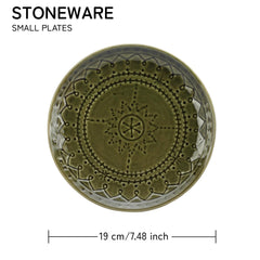 Ceramic Hand Glazed Stoneware Embossed Small Plates Set Of 4 - 7.4 Inch, Moss Green | Microwave Safe & Dishwasher Safe – Handcrafted Quarter Plates Set