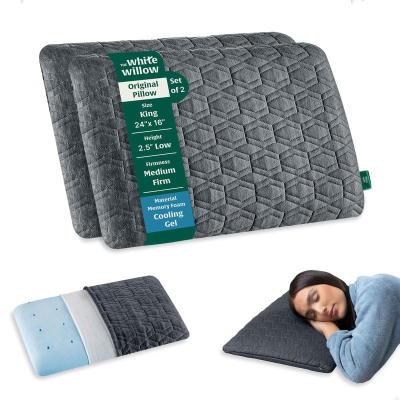 Thin Pillow For Sleeping, Slim Memory Foam Pillow, Grey - King Size - 2.5 Inch | Cool Gel Slim Pillow For Neck & Shoulder Pain Relief - Flat Pillow, Orthopedic Cervical Pillow - Set Of 2