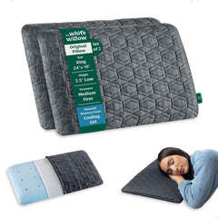 Thin Pillow For Sleeping, Slim Memory Foam Pillow, Grey - King Size - 2.5 Inch | Cool Gel Slim Pillow For Neck & Shoulder Pain Relief - Flat Pillow, Orthopedic Cervical Pillow - Set Of 2