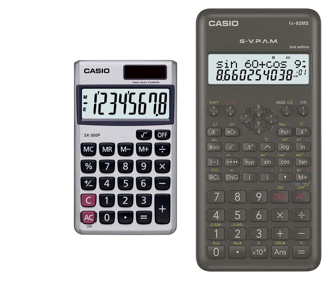 Casio FX-82MS 2nd Gen Scientific Calculator & Casio SX-300P-W | Portable Calculator With Metallic Faceplate