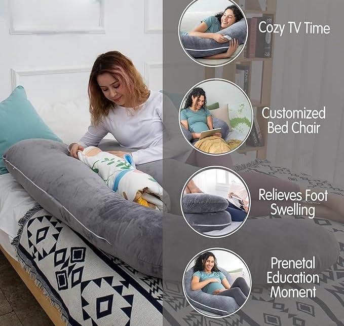 Necxy Multifunctional J Shaped Pregnancy, Maternity Pillow, Full Body Pillow, Grey | For Pregnant Women, For Belly Stomach & Hip Pain - Body Support Pillow With Washable Cover