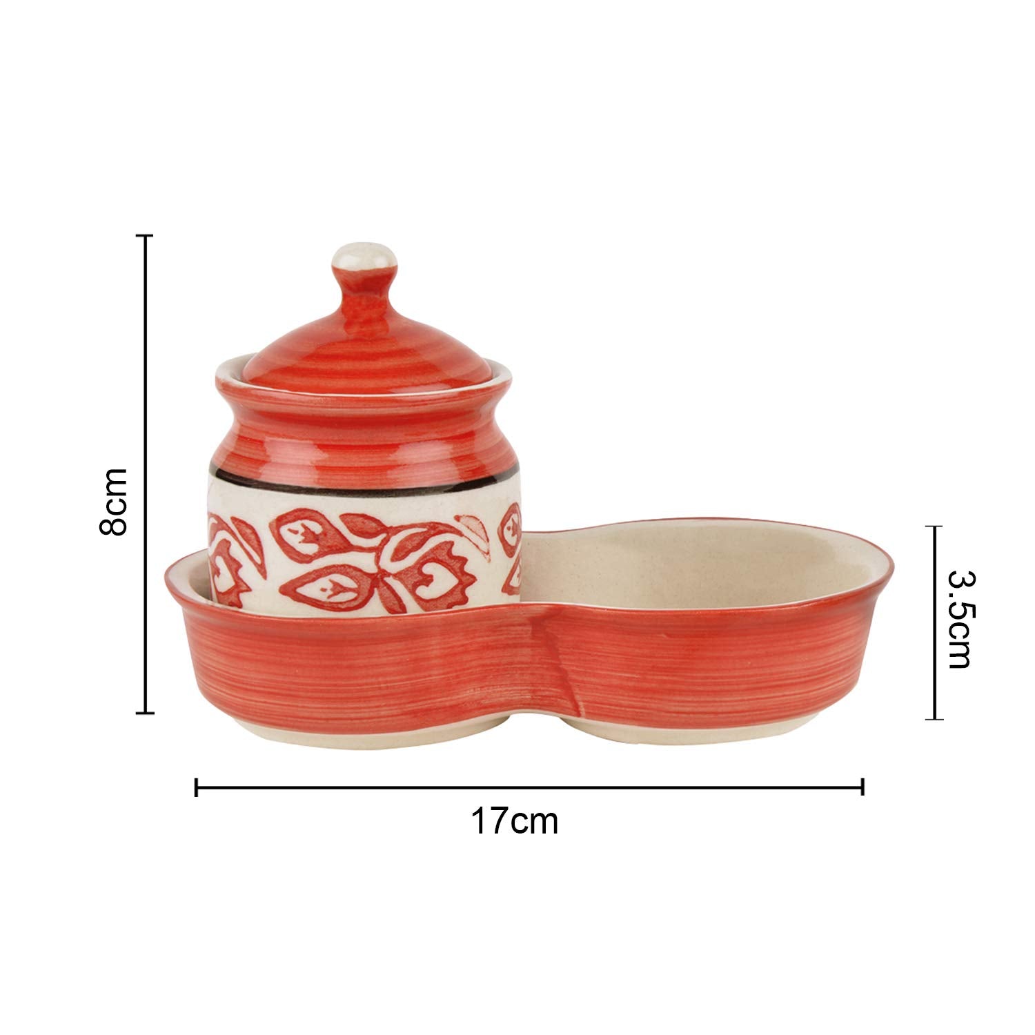 Ceramic Pickle Serving Jar Set With Tray Set Of 2 - 200ml Each, Red & White | Condiment Set - Pickle Jar Set For Dining Table | Masala Container