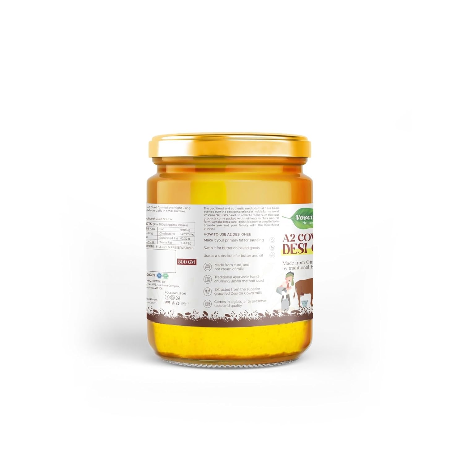 Premium A2 Cow Desi Ghee By Voscure Natural | Good Source Of Healthy Desi Cow Ghee Perfect For Bakes Cookies | (500ml) 16.9 Ounce | Jar Pack