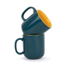 Large Ceramic Coffee Mug Set Of 2 - Teal Yellow, 400ml Each | Ceramic Belly Mug, Tea Mug With Matte Finish - Mug For Coffee | Ceramic Coffee Mug - Microwave Safe & Dishwasher Safe