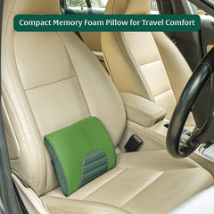 Memory Foam Pillow, Travel Lumbar Back Support Chair Cushion Pillow, Green - 11 L X 9 W X 2 H Inch | Pillow For Car, Airplane, Long Drive | Soft Pillow, Lightweight, Comfortable Pillow