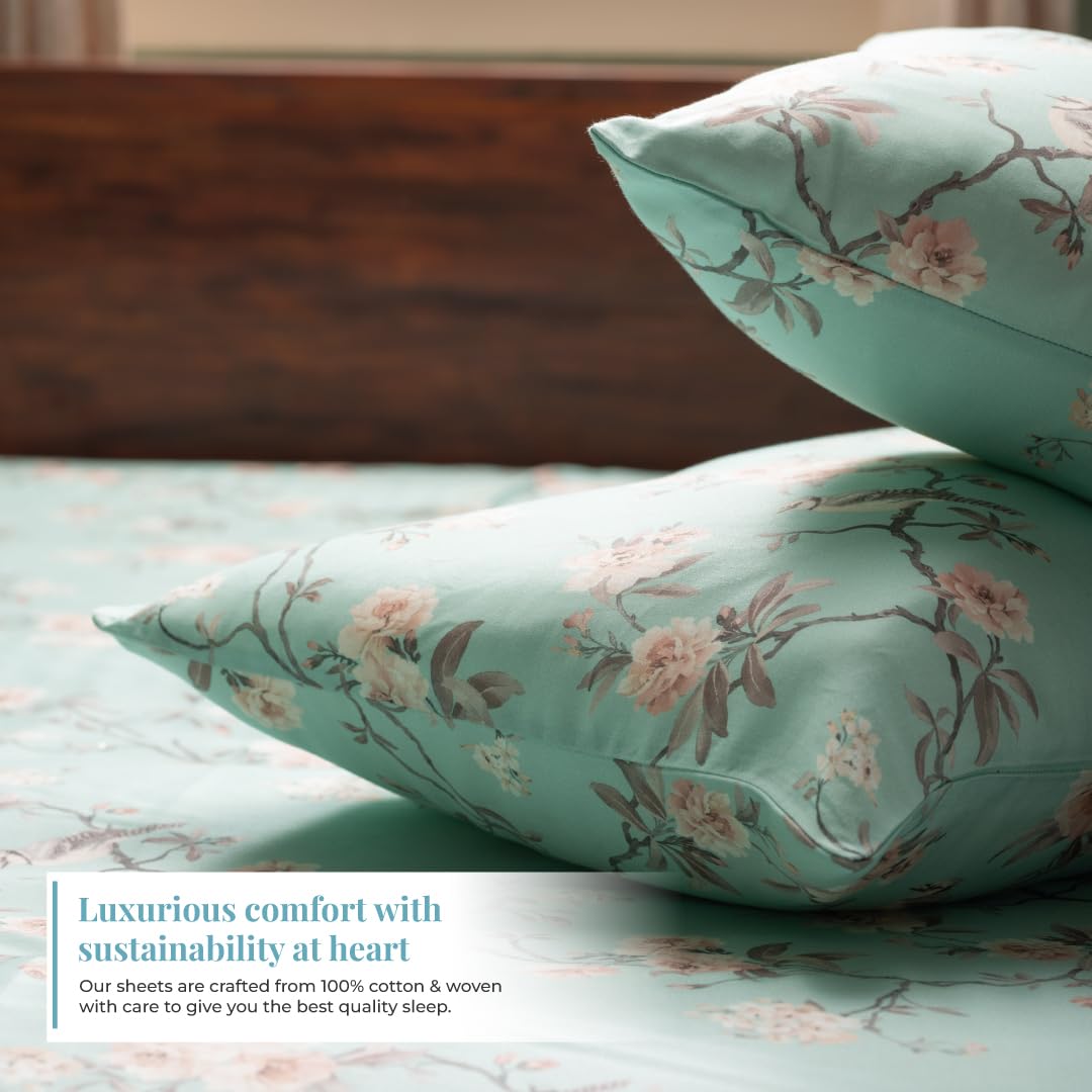 Printed Cotton Fitted Bedsheet For Double Bedsheet With 2 Pillow Covers, Bedding Set - 72x78 Inches, Green | Sateen Weave Queen Size Bed Sheet, 12" Deep Pocket- 1 Elastic Fitted Bed Sheet