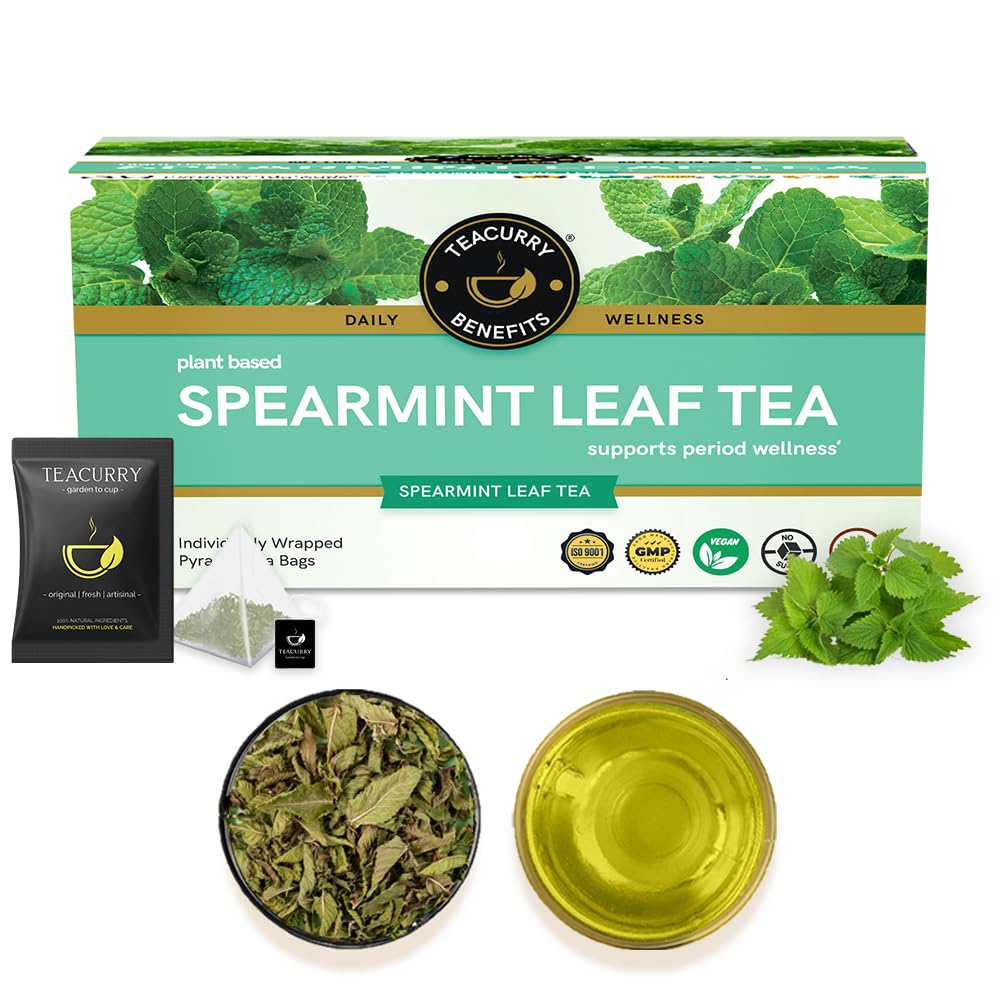 Teacurry Plant Based Spearmint Leaf Tea Bag - 60gm, 2.1 Ounce, 30 Pyramid Tea Bags | Helps With Hormonal Imbalance, Facial Hair & PCOS - Caffeine Free, Gluten Free