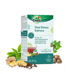 Zandu Desi Detox Kahwa Green Tea - 25 Tea Bags | Metabolism Booster & Natural Detoxifier - Supports Overall Health & Well | Enriched With 7 Powerful Herbs - Caffeine Free