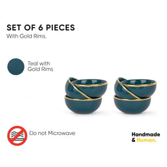 Ceramic Veg Bowls Set Of 6 For Dinner - 180ml Each, Teal Gold | Katori Set With Glossy Finish - Ceramic Bowls Set Of 6 | Dessert Bowl Set - Ice Cream Bowls | Microwave Safe & Dishwasher Safe