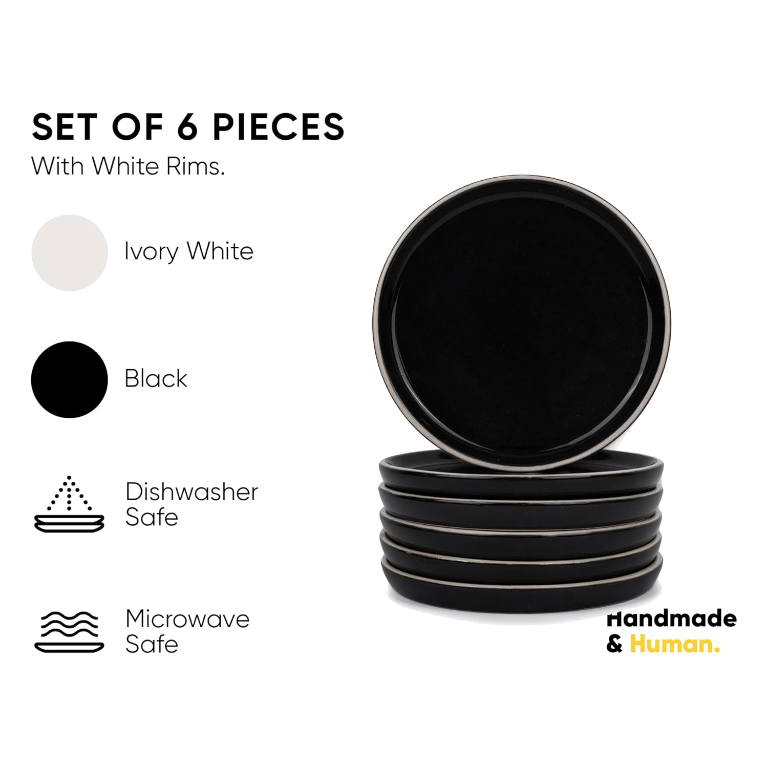 Ceramic Quarter Plates Set Of 6, Black With White Rim | Ceramic Snack Plates - Snacks Plates Set | Dessert Plates, Snack Plate - Small Plates With Glossy Finish | Microwave Safe & Chip Resistant