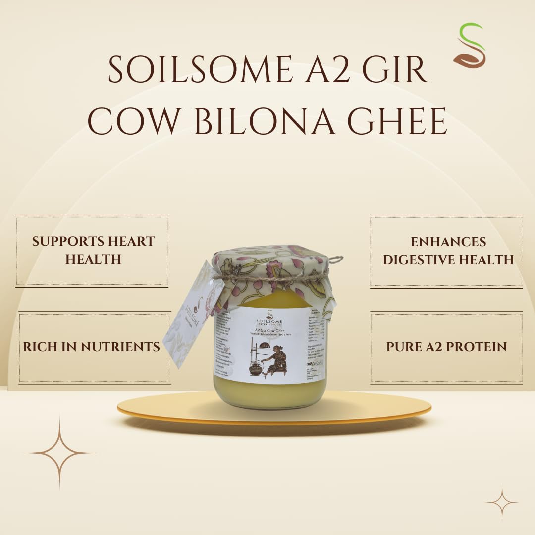 100% Pure A2 Gir Cow Ghee By Soilsome | Delicious & Nutrients Protein Fiber Vedic Bilona Method Healthy Desi Ghee Good For Laddus | (500ml) 16.9 Ounce | Jar Pack