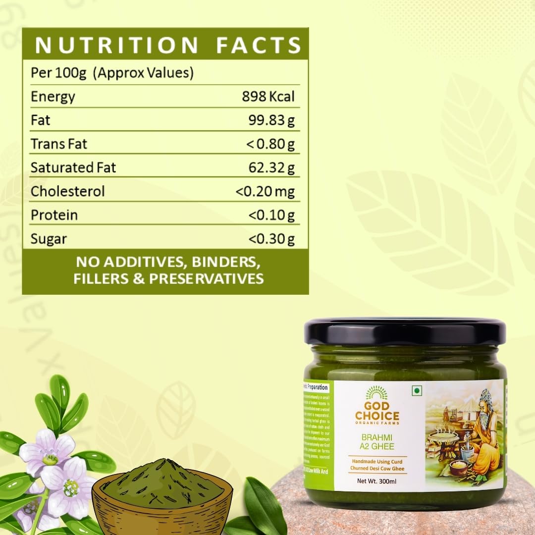Premium Brahmi A2 Desi Cow Ghee By God Choice Organic Farms | High In Protein Fiber Healthy Desi Ghee For Diet | (300ml) 10.1 Ounce | Jar Pack