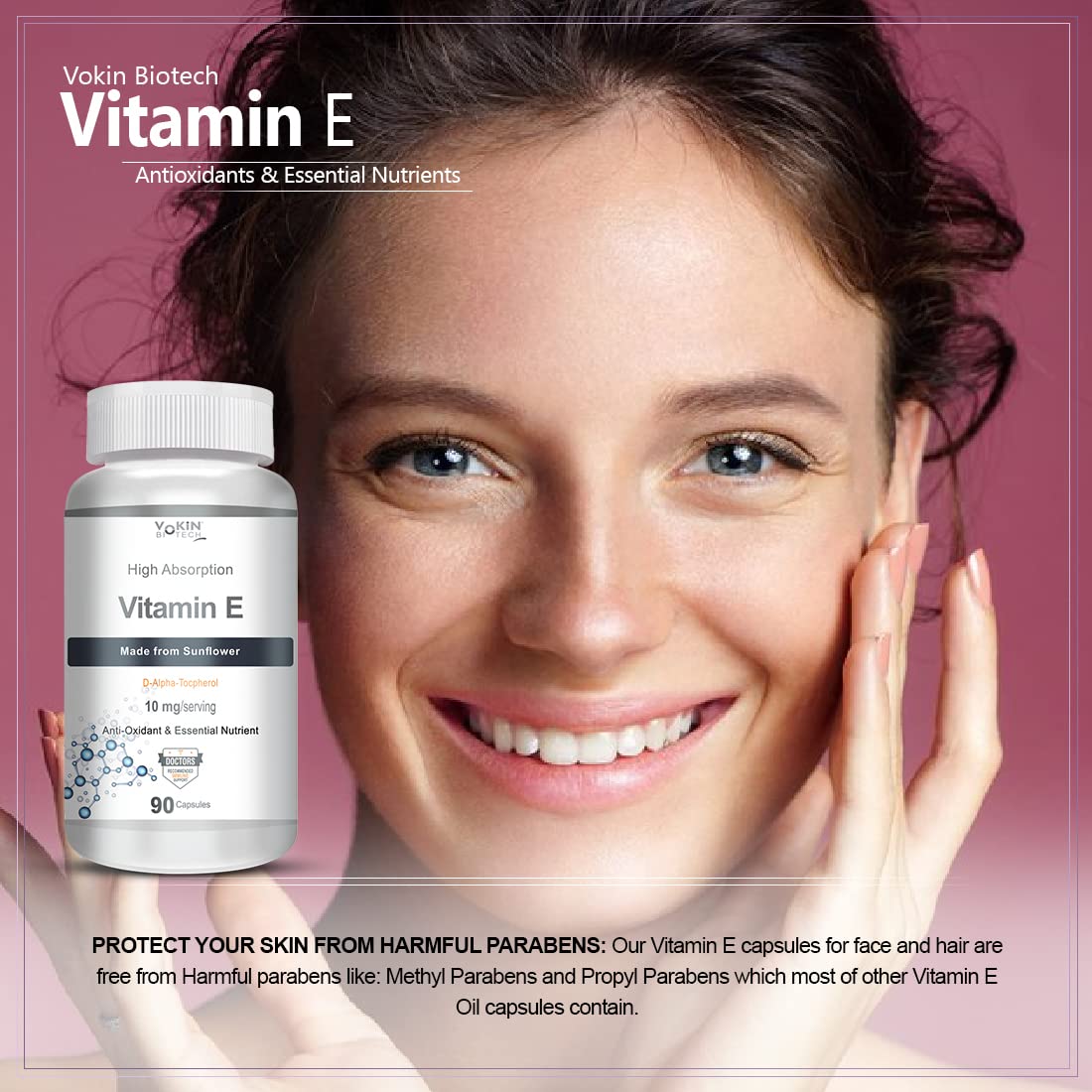 Vokin Biotech Natural Vitamin E From Sunflower D - Alpha, Tocpherol, 10mg | 90 Capsules 150gm 0.3lbs