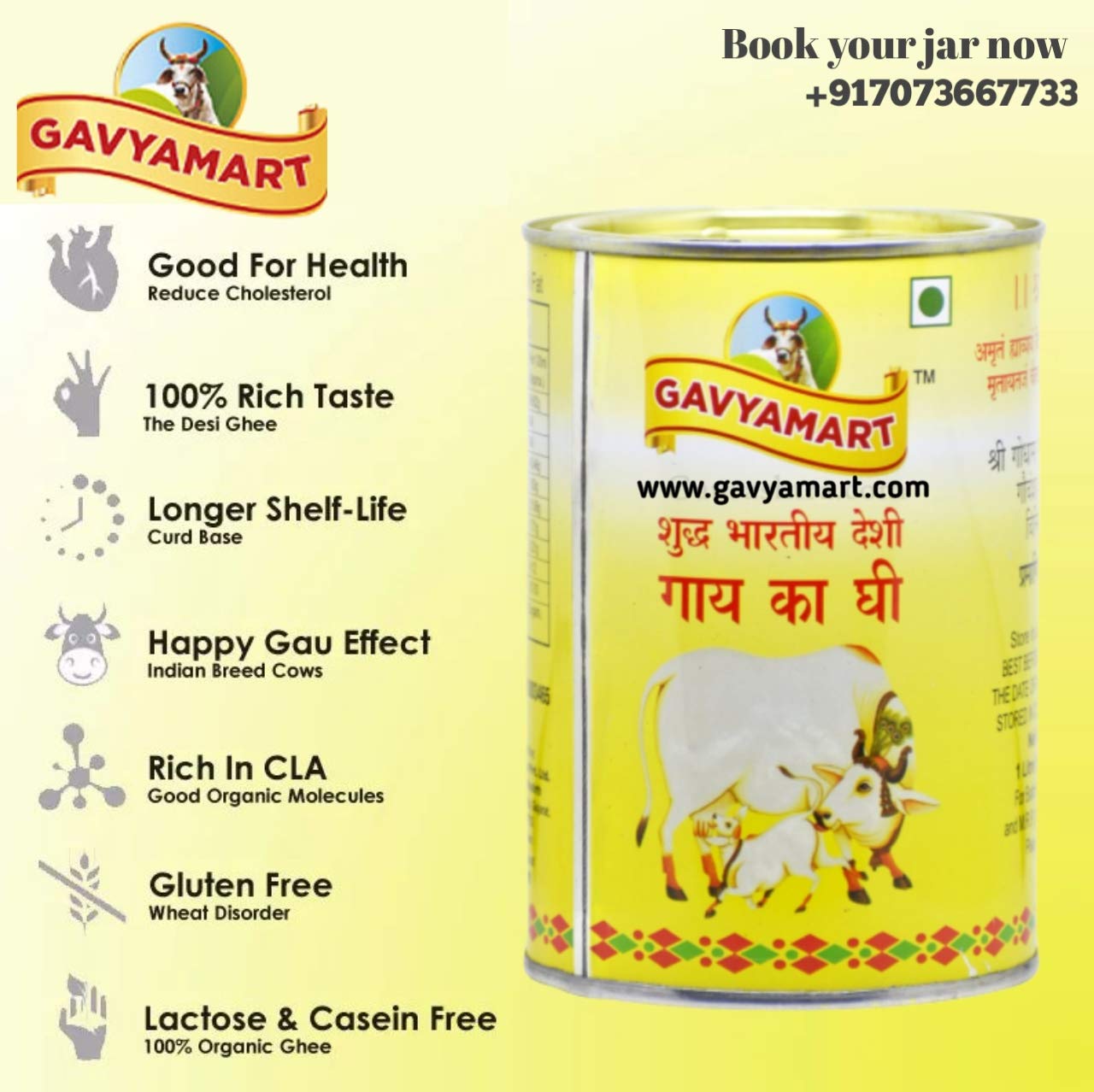100% Pure Indian A2 Cow Ghee By Gavyamart | Rich In Healthy Fat Nutrients Desi Cow Ghee Perfect For Cooking & Cookies | (1 Litr) 33.8 Ounce | Tin Pack