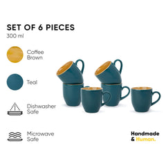 Ceramic Coffee Mug Set Of 6 - 300ml Each, Teal Green | Medium Mug With Glossy Finish - Stoneware Coffee Cup Set | Ceramic Cup - Microwave Safe & Dishwasher Safe
