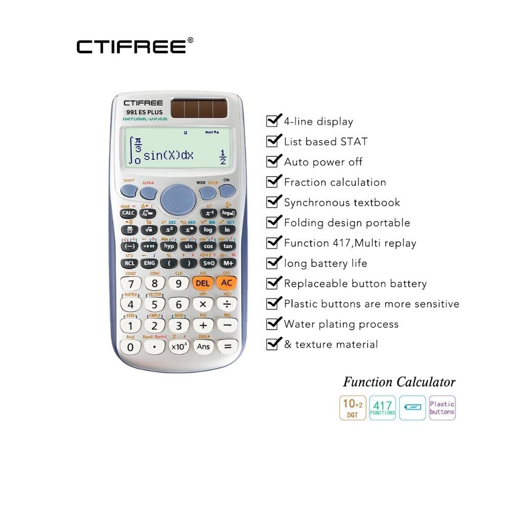 Ctifree Scientific Calculator 417 Function 2 Line 10+2 Digits Written Display Solar Scientific Calculator (CT 991ES Plus)
