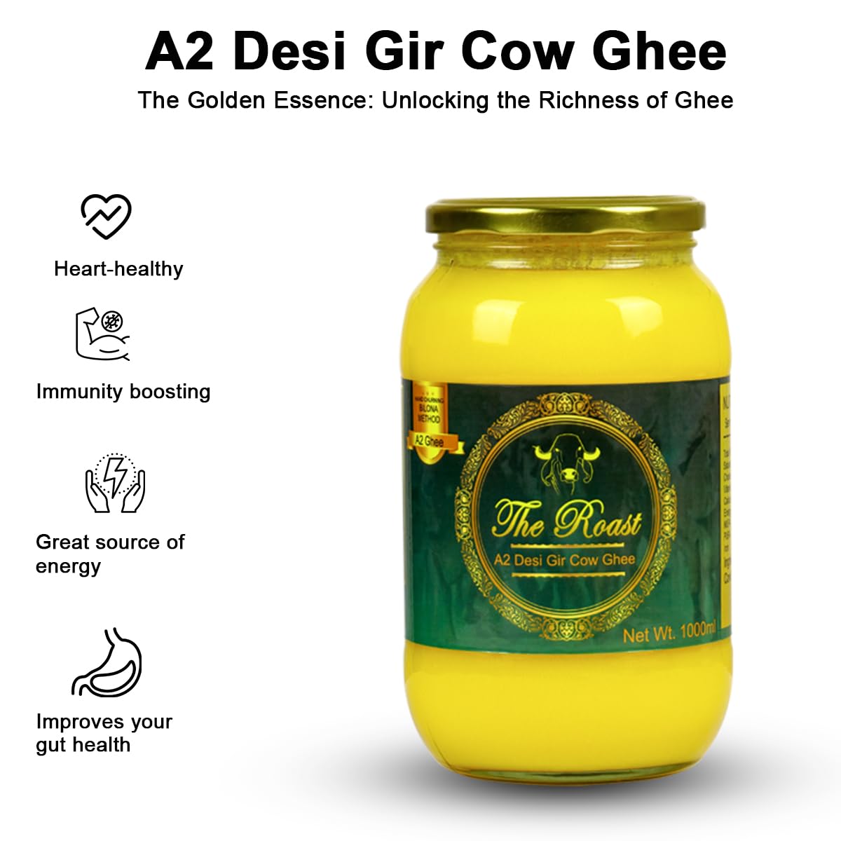 Pure A2 Desi Gir Cow Ghee By The Roast | Highly Nutritious & Healthy Desi Ghee Good For Body Health | (300ml) 10.1 Ounce | Jar Pack