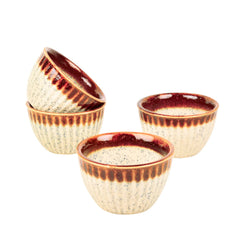 Studio Pottery Ribbed Ceramic Dining Bowls Set Of 4 - 350ml Each, Off White & Brown | Vegetable & Dessert Serving Bowls - Ceramic Katoris