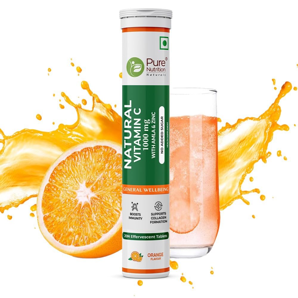 Pure Nutrition Vitamin C + Zinc, 20 Effervescent Tablets Orange Flavour , Amla Extract | Acne Free Skin For Women & Men , Rich In Antioxidants , Boosts Energy, Immunity | 50gm 0.1lbs Each Pack Of 4