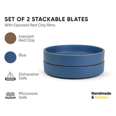Stackable Ceramic Pasta Bowl Set Of 2 Pieces - 22cm, Blue With Brown Rim | Ceramic Pasta Plate With Matte Finish | Deep Plate - Ceramic Bowl | Pasta Serving Plate