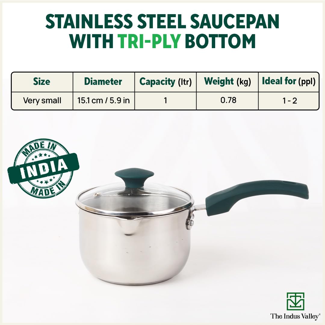 Stainless Steel Sauce Pan Or Milk Pan With Glass Lid - Very Small, 15.1cm, 5.9 Inch, 1 Liter, 0.8 Kg | Induction Friendly, 3-Layer Bottom, 100% Toxin-Free, Naturally Non-Stick, Long Lasting