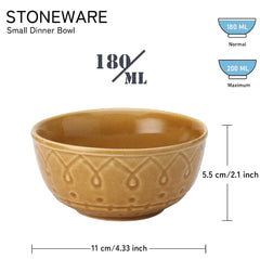 Ceramic Hand Glazed Stoneware Embossed Dinner Katori Set Of 4 - 180ml Each, Golden Brown | Microwave Safe & Dishwasher Safe - Small Serving Bowl Set