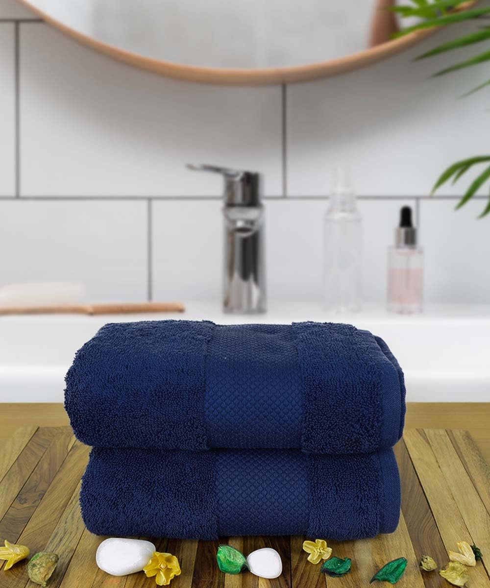 Rangoli Soft Absorbent Durable Towels Earthly Egyption Cotton Plush Oversized Small Size Bath Towel 600 Gsm (Navy Blue)- Pack Of 2