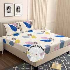 Elastic Fitted Double Bedsheets For Queen Size With 2 Pillow Covers - Size 72 X 68 X 6 Inches, Cream & Blue | Double Bed With Corner Elastic | Wrinkle Free Super Soft Floral Breathable