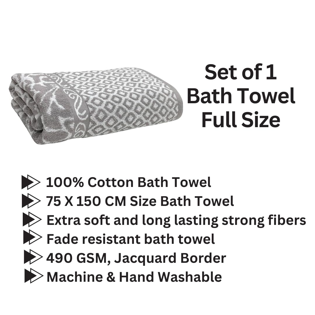 Stamio Cotton Bath Towel 550 Gsm | Extra Soft & Absorbent Large Full Size Towels For Bathing, Home, Sports, Salon, Hotel Use | Jacquard Border (Grey)