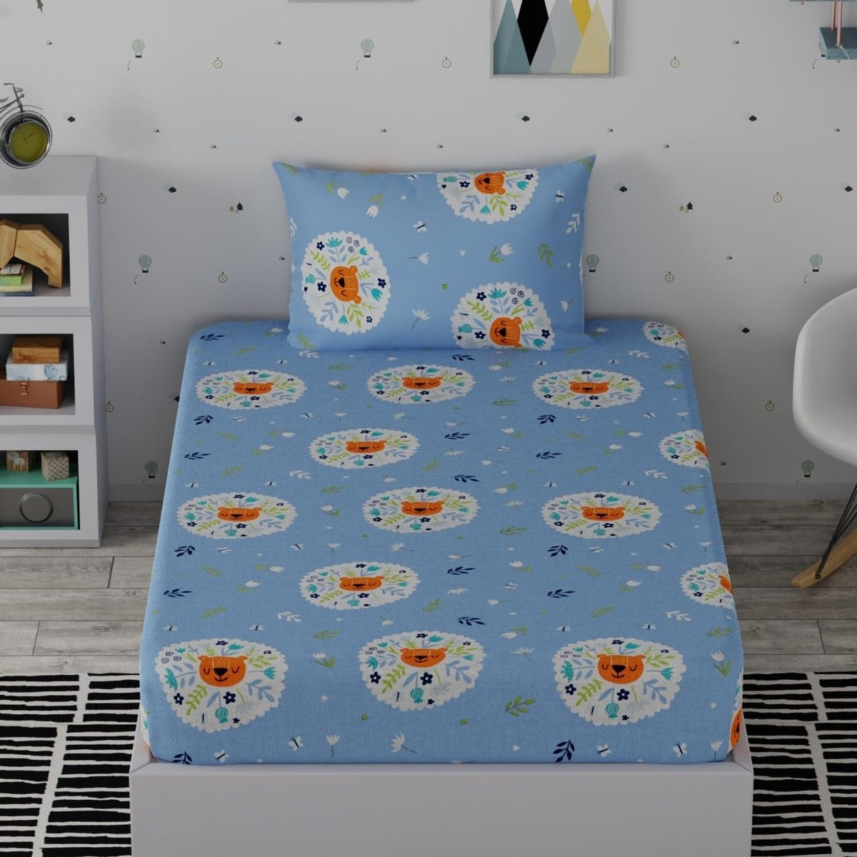 Kids Bedsheet For Single Bed Cotton With 1 Pillow Covers - 55 X 88 Inches, Blue & White | 210 TC Super Soft, Wrinkle Free & Long Lasting
