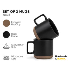 Large Ceramic Coffee Mug Set Of 2 - Black, 350ml Each | Ceramic Japandi Mug, Tea Mug With Matte Finish - Mug For Coffee | Ceramic Coffee Mug - Microwave Safe & Dishwasher Safe