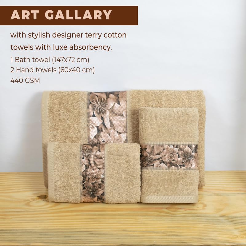 Rangoli 100% Cotton Fibre 1 Bath & 2 Hand Towels 900 Gsm | Highly Durable & Absorbent With Printed Border | Quick Drying Towels (Beige)