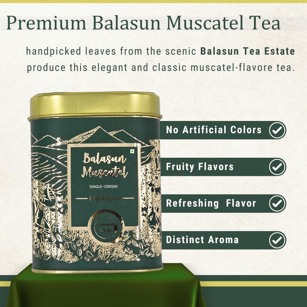 Tea And Twigs Balasun Muscatel Darjeeling Tea - 100gm, 3.5 Ounce | Rich In Antioxidants, Refreshing Flavor - Low Caffeine, No Artificial Colors, Gluten Free