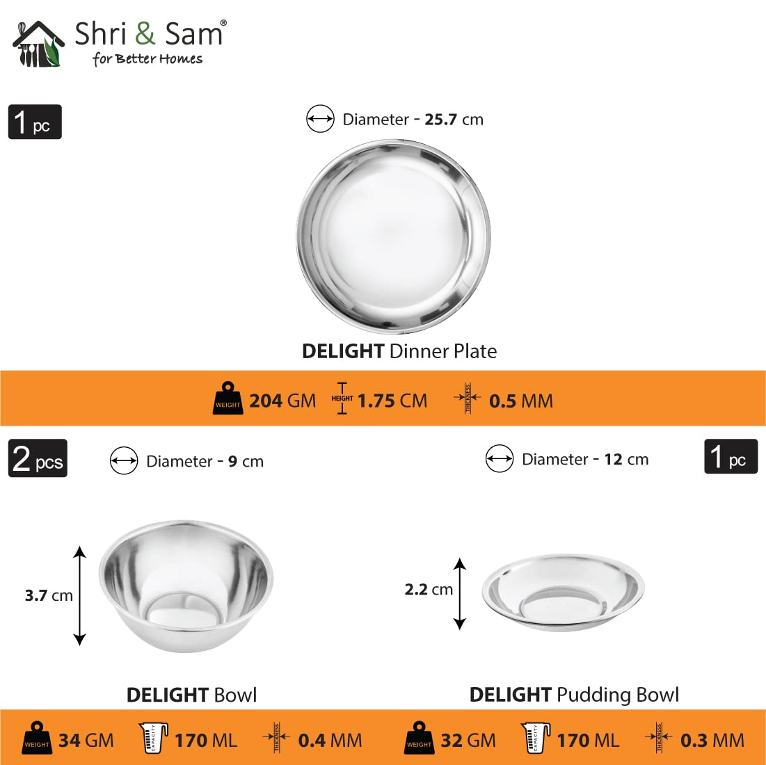 Stainless Steel Delight Solid Dinner Set Of 6 Pieces, Silver | 1 Dinner Plate+ 1 Glass+ 2 Bowls+ 1 Pudding Bowl+ 1 Dessert Spoon