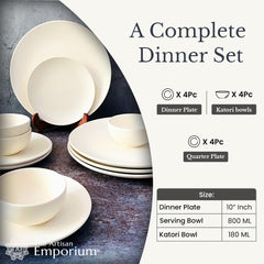 Subhra Handcrafted Ceramic Dinner Set - 12 Pieces | 4 Dinner Plates + 4 Katori Bowls, 180ml Each+ 4 Quarter Plates | Matte Finish White Dinnerware Set | Serving For 4, Microwave Safe