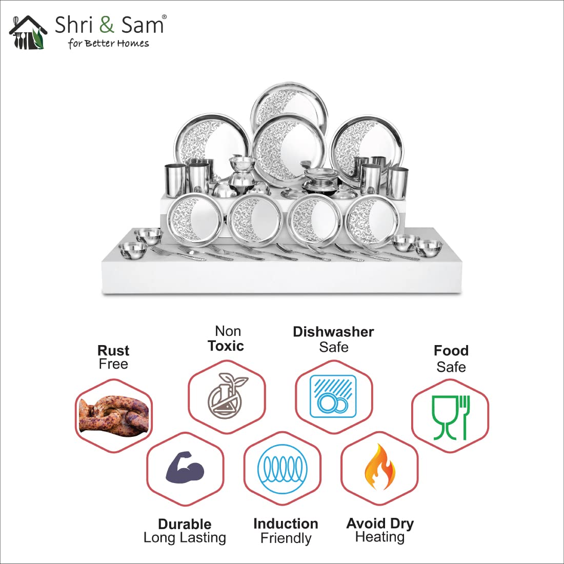Designer Stainless Steel Delight Floral Laser Bloom Leaf Dinner Set Of 28 Pieces, Silver | 4 Dinner Plates+ 4 Glasses+ 8 Bowls+ 4 Pudding Bowls+ 4 Dessert Spoons+ 4 Dessert Fork