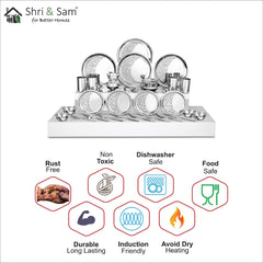 Designer Stainless Steel Delight Floral Laser Bloom Leaf Dinner Set Of 28 Pieces, Silver | 4 Dinner Plates+ 4 Glasses+ 8 Bowls+ 4 Pudding Bowls+ 4 Dessert Spoons+ 4 Dessert Fork