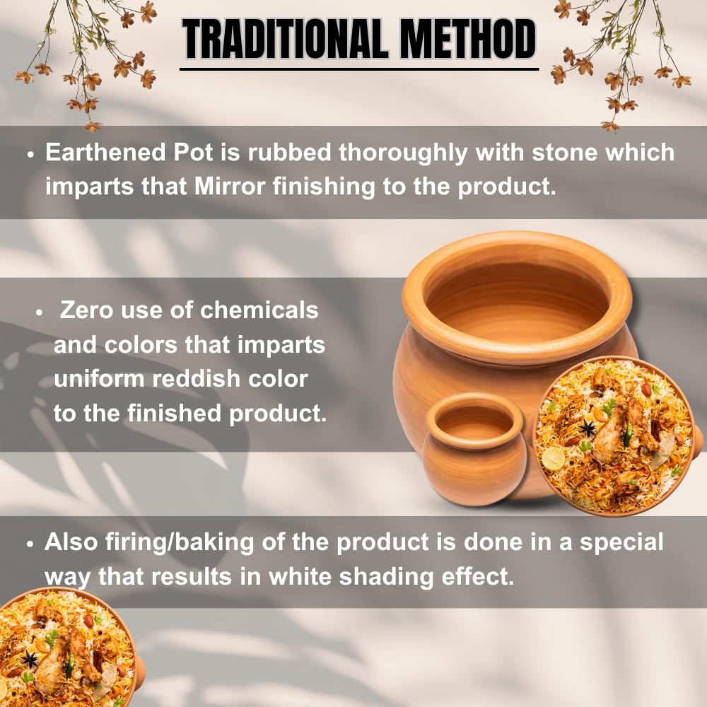 Exclusive Range Unglazed Clay Pot For Cooking & Serving With Lid, 2 Liters | Biryani Handi - Earthen Kadai - Mud Handi - Mitti Ke Bartan With Mirror Shine